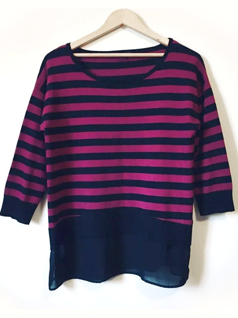 Cable & Gauge Bilayer Knit Malbec & Black Striped Rayon Blend Top Small